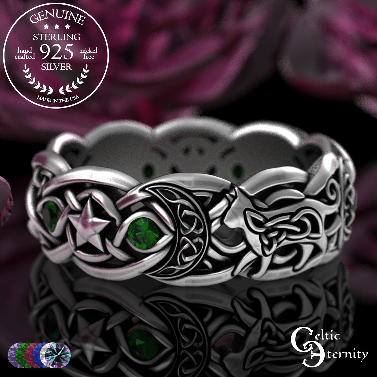 Sterling Alexandrite Cat with Crescent Moons & Stars Ring, 3259