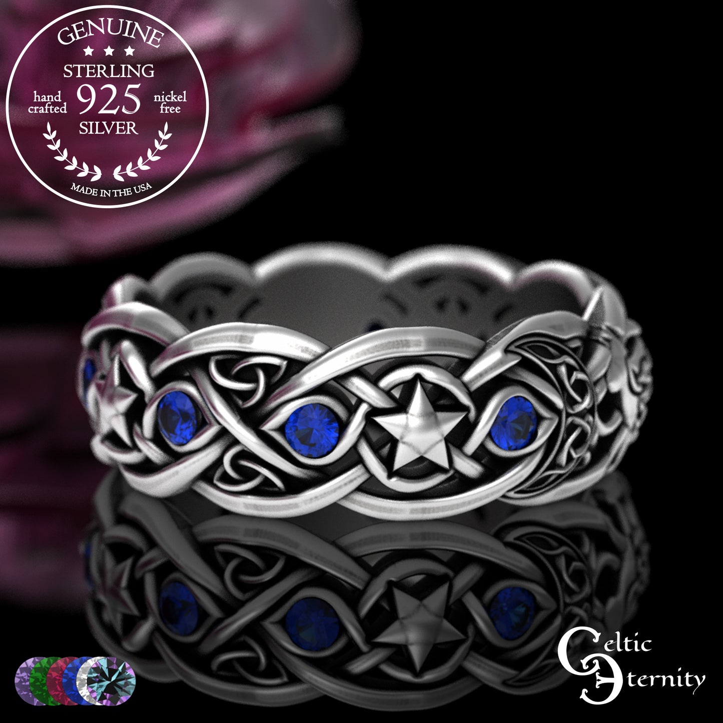 Sterling Alexandrite Cat with Crescent Moons & Stars Ring, 3259