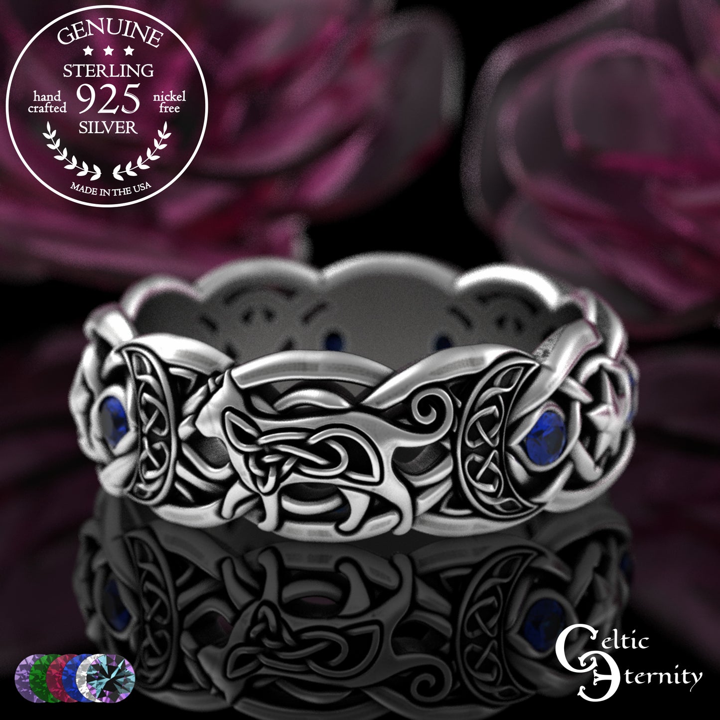 Sterling Alexandrite Cat with Crescent Moons & Stars Ring, 3259