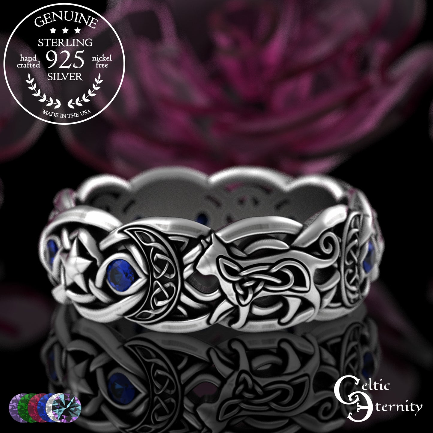Sterling Alexandrite Cat with Crescent Moons & Stars Ring, 3259