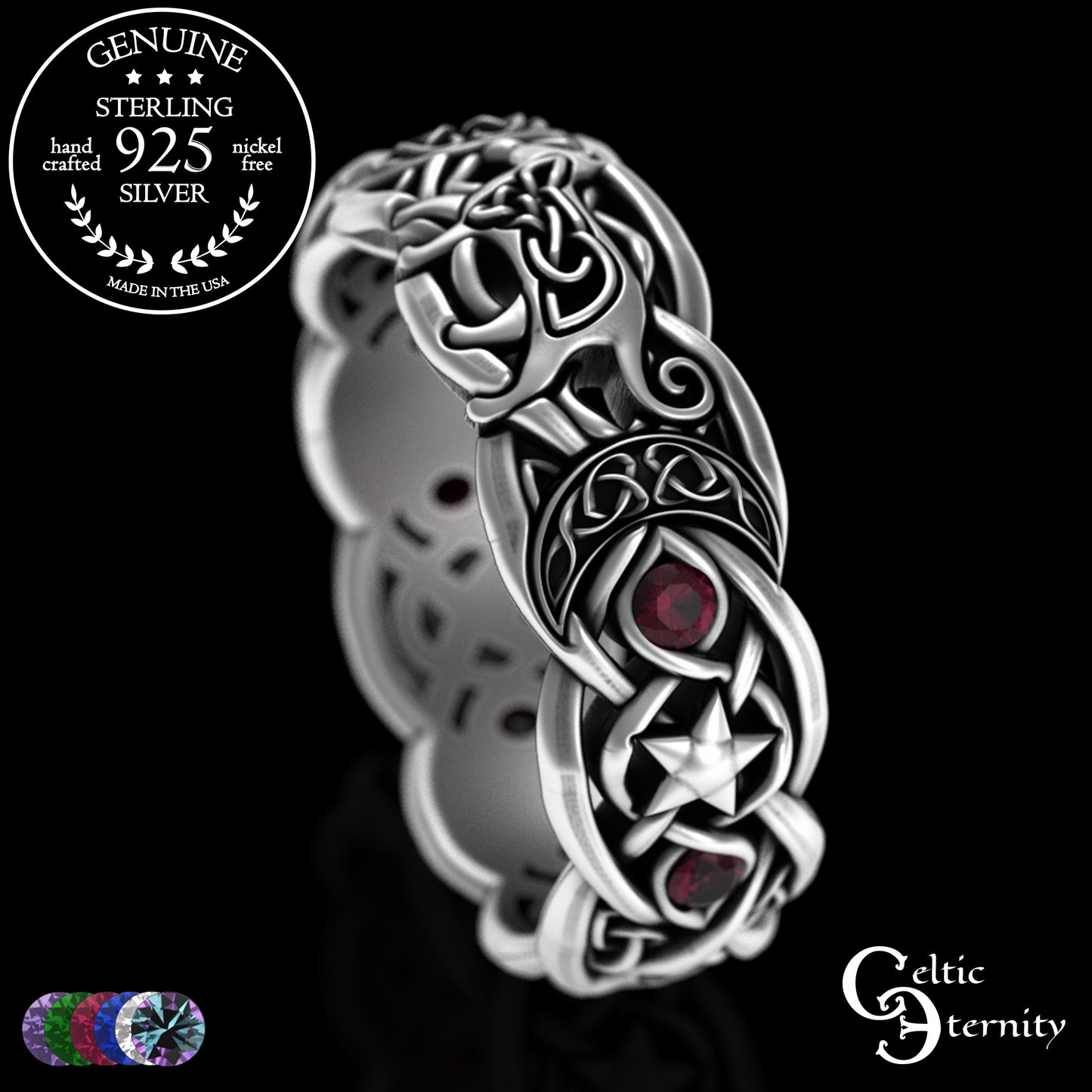 Sterling Alexandrite Cat with Crescent Moons & Stars Ring, 3259