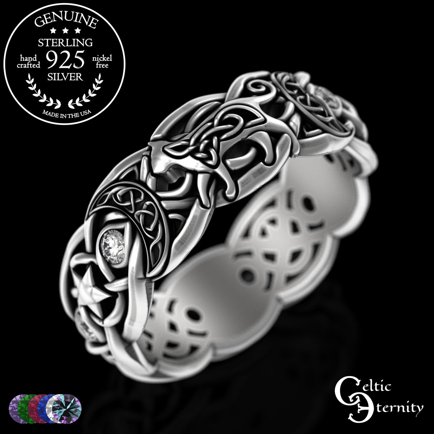 Sterling Alexandrite Cat with Crescent Moons & Stars Ring, 3259