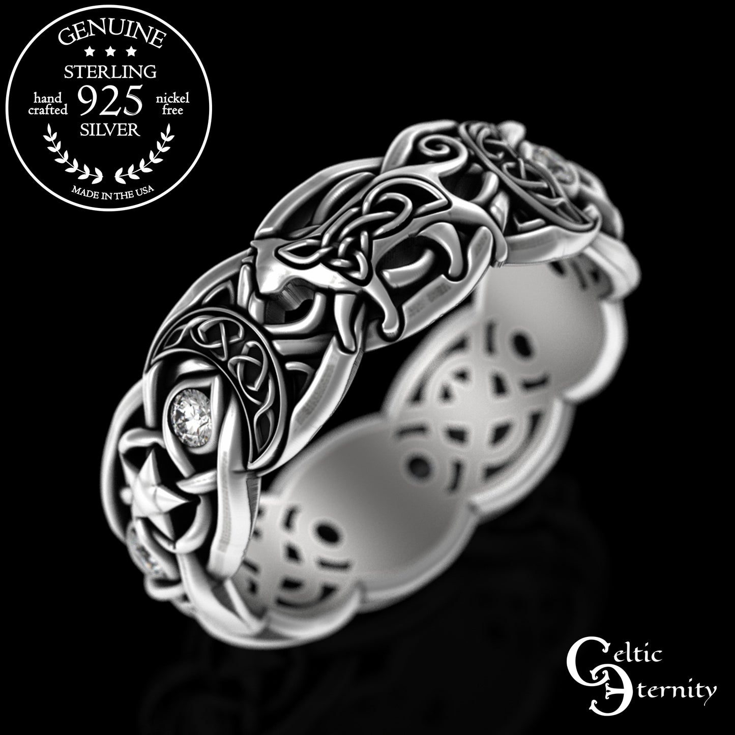 Sterling Alexandrite Cat with Crescent Moons & Stars Ring, 3259