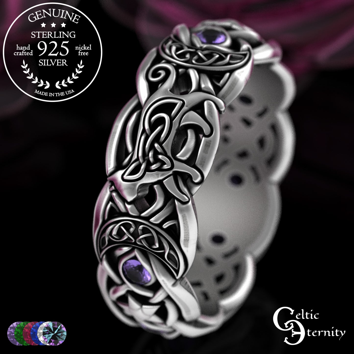 Sterling Alexandrite Cat with Crescent Moons & Stars Ring, 3259