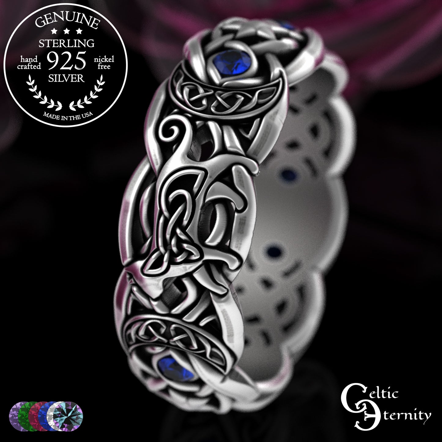 Sterling Alexandrite Cat with Crescent Moons & Stars Ring, 3259