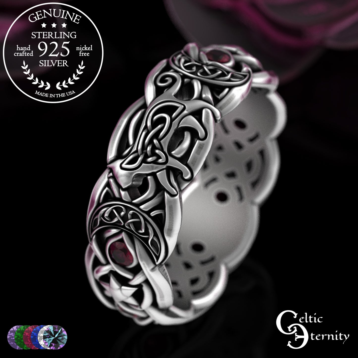 Sterling Alexandrite Cat with Crescent Moons & Stars Ring, 3259