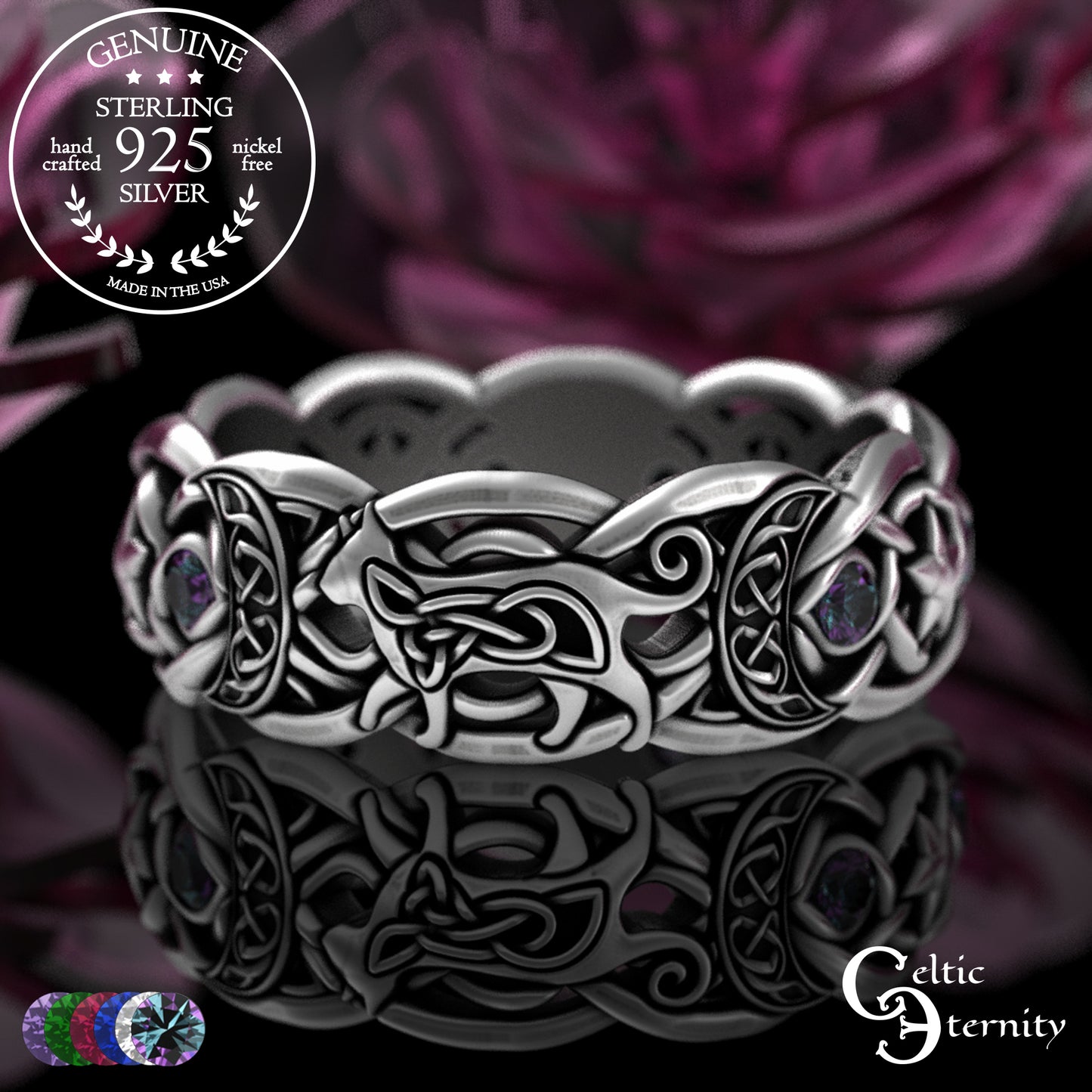 Sterling Alexandrite Cat with Crescent Moons & Stars Ring, 3259