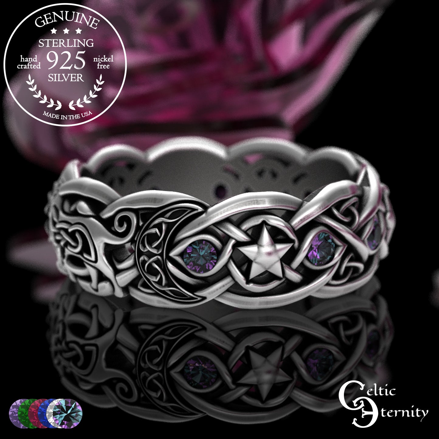 Sterling Alexandrite Cat with Crescent Moons & Stars Ring, 3259