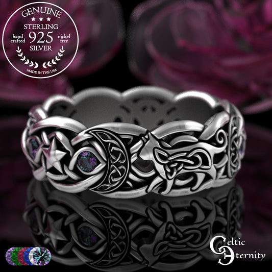 Sterling Alexandrite Cat with Crescent Moons & Stars Ring, 3259