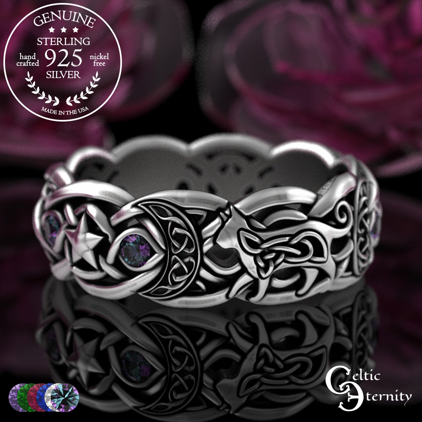 Sterling Alexandrite Cat with Crescent Moons & Stars Ring, 3259