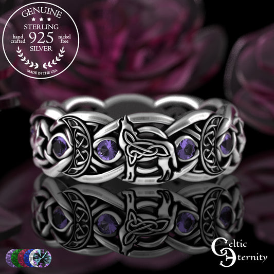 Sterling Woman's Celestial Wolf Wedding Band with Amethyst, 3261