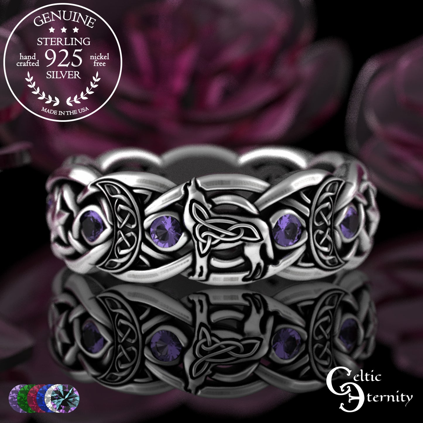 Sterling Woman's Celestial Wolf Wedding Band with Amethyst, 3261