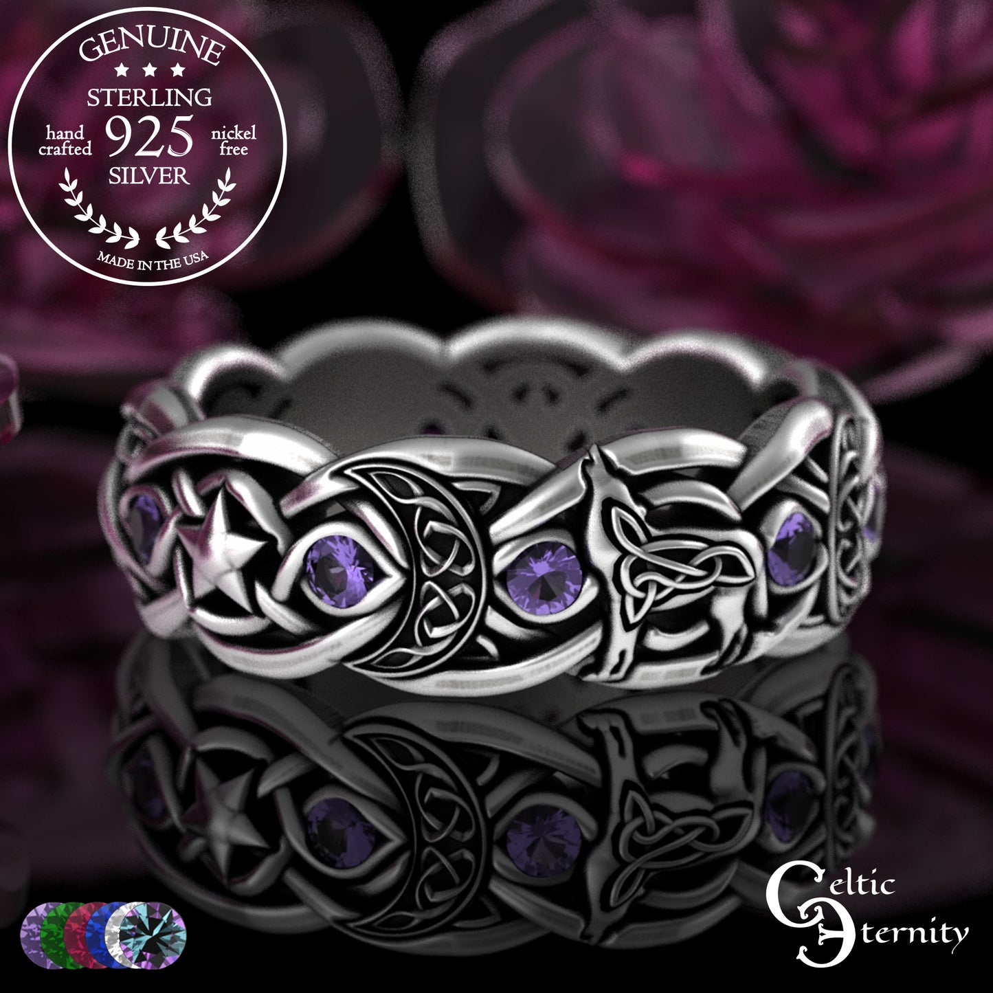 Sterling Woman's Celestial Wolf Wedding Band with Amethyst, 3261