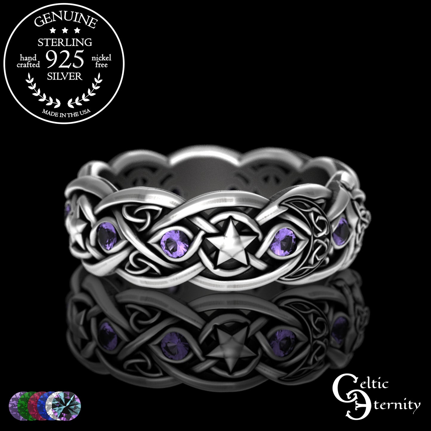 Sterling Woman's Celestial Wolf Wedding Band with Amethyst, 3261