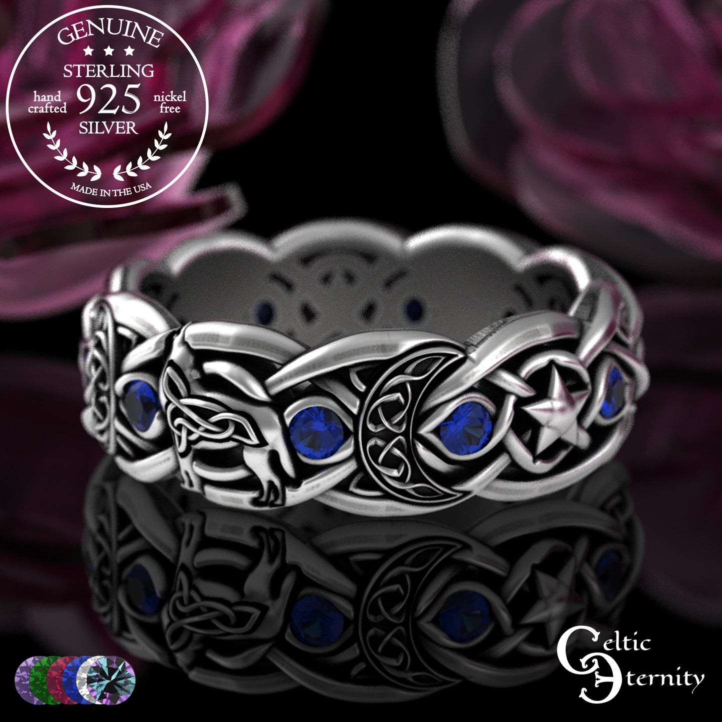 Sterling Woman's Celestial Wolf Wedding Band with Amethyst, 3261