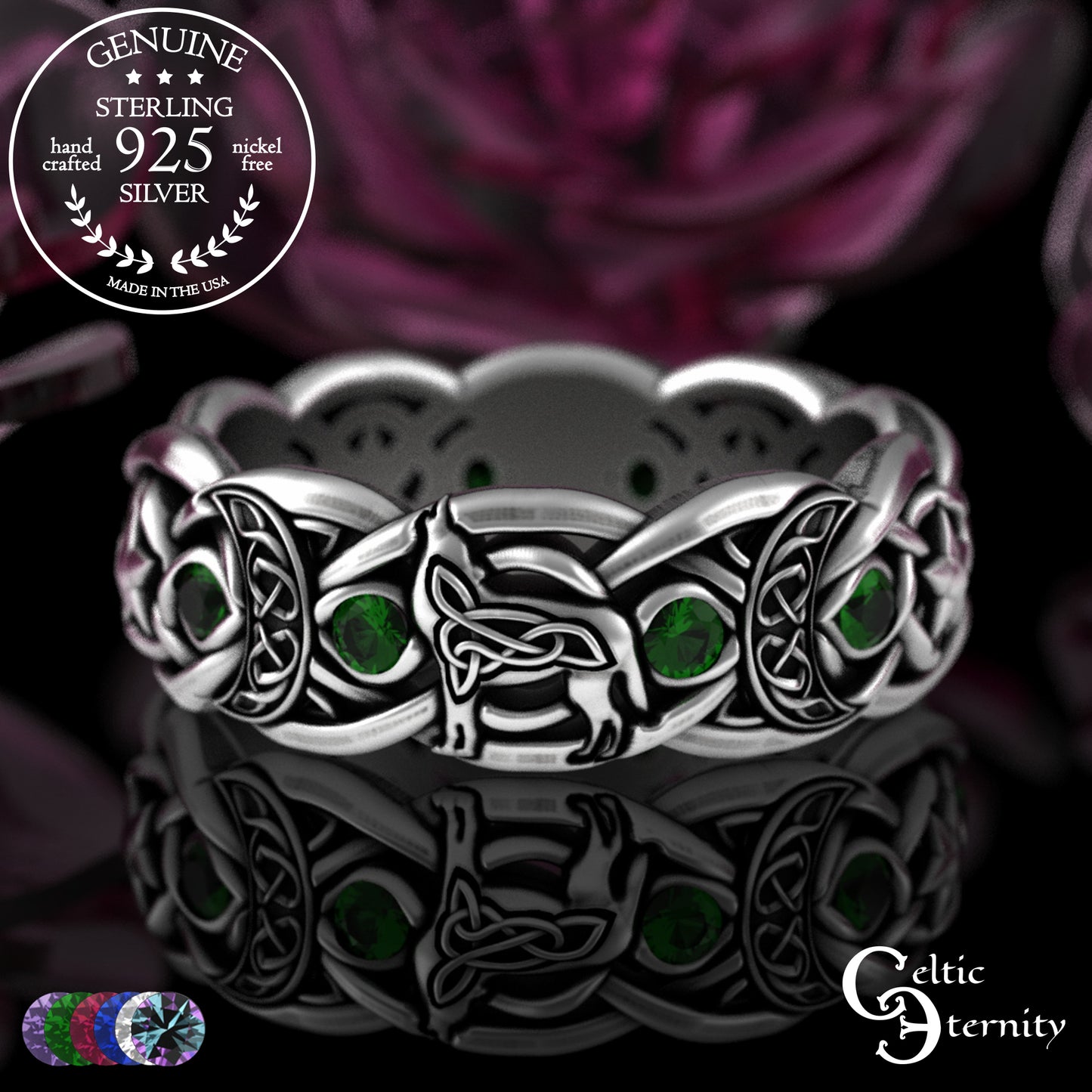 Sterling Woman's Celestial Wolf Wedding Band with Amethyst, 3261