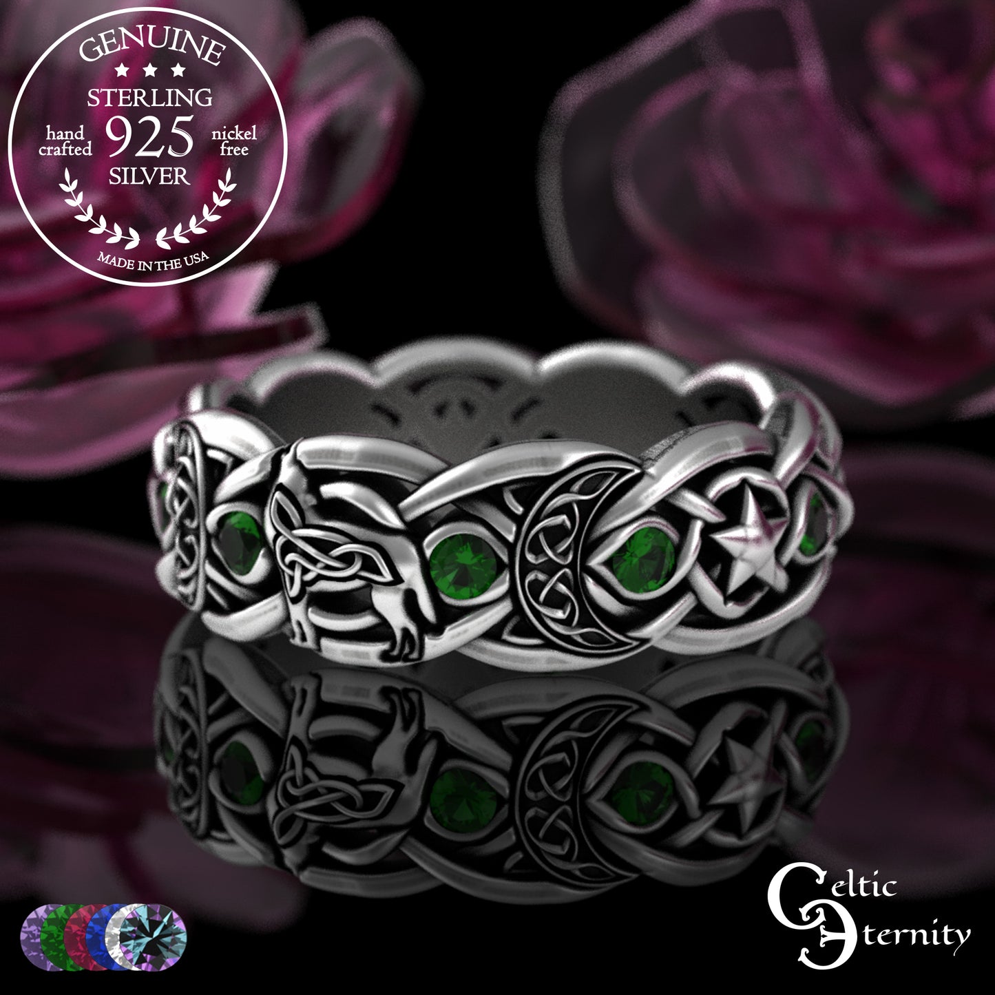 Sterling Woman's Celestial Wolf Wedding Band with Amethyst, 3261