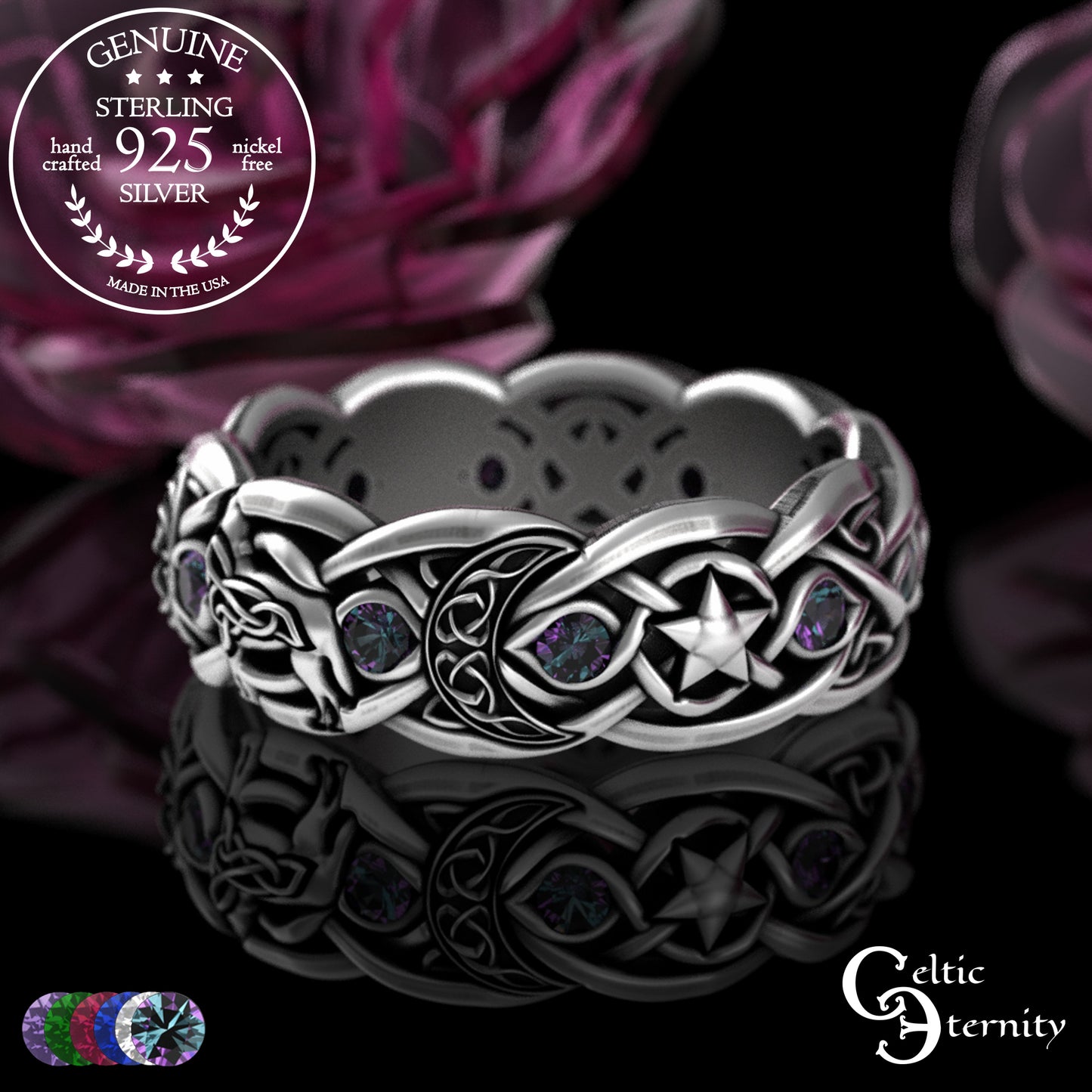 Sterling Woman's Celestial Wolf Wedding Band with Amethyst, 3261