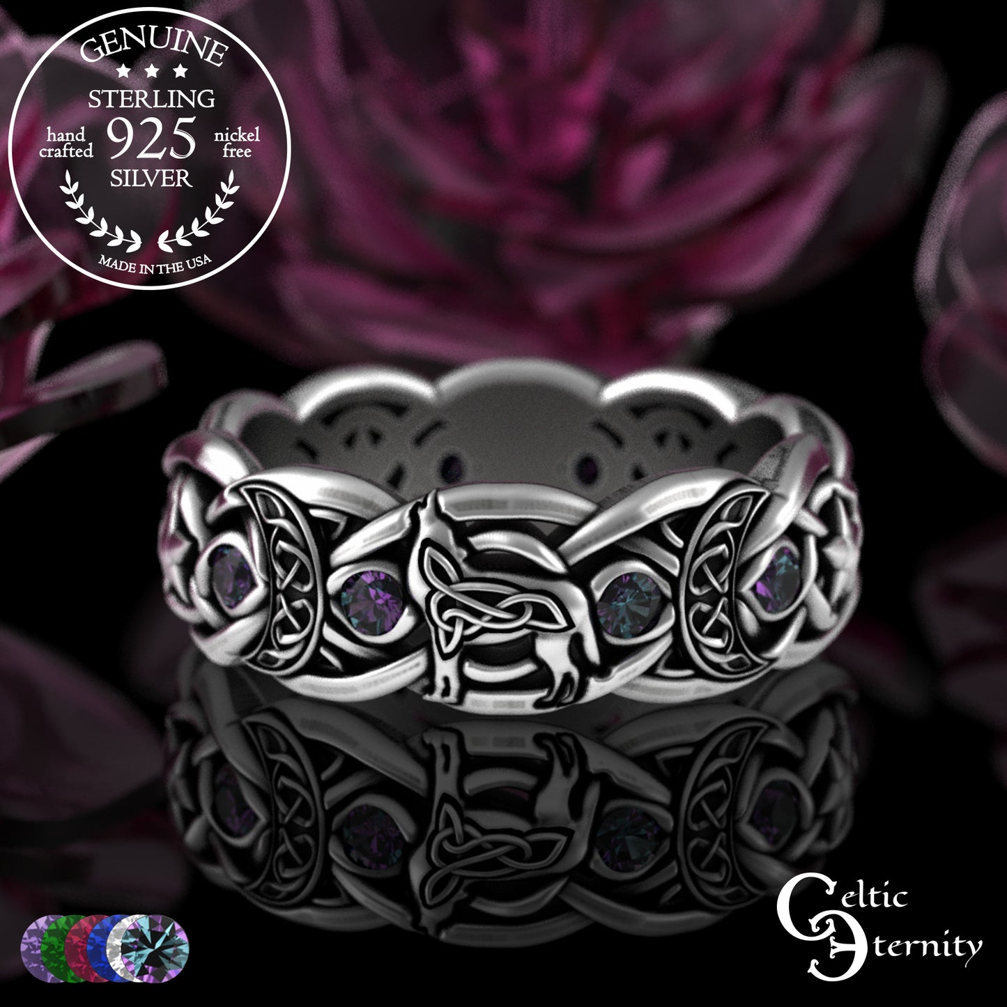 Sterling Woman's Celestial Wolf Wedding Band with Amethyst, 3261