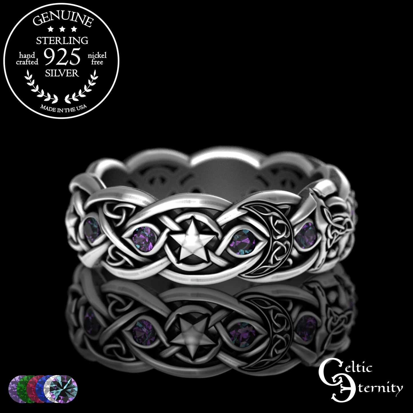 Sterling Woman's Celestial Wolf Wedding Band with Amethyst, 3261