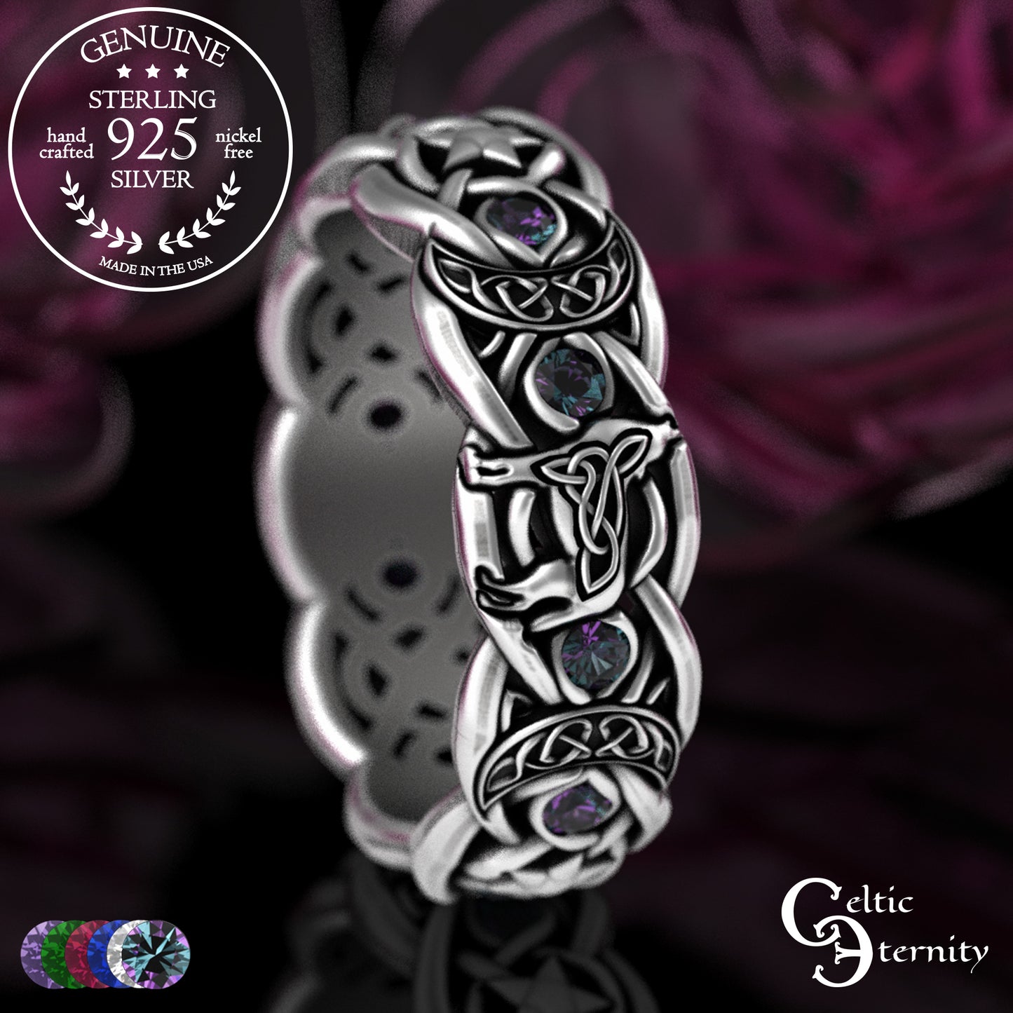 Sterling Woman's Celestial Wolf Wedding Band with Amethyst, 3261