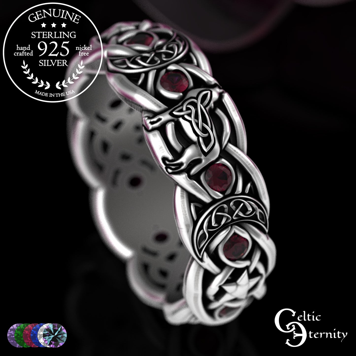 Sterling Woman's Celestial Wolf Wedding Band with Amethyst, 3261
