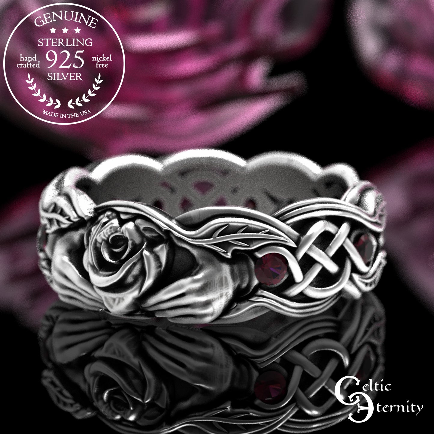 Sterling Ruby & Rose Vine Claddagh Wedding Band for Woman, 3265