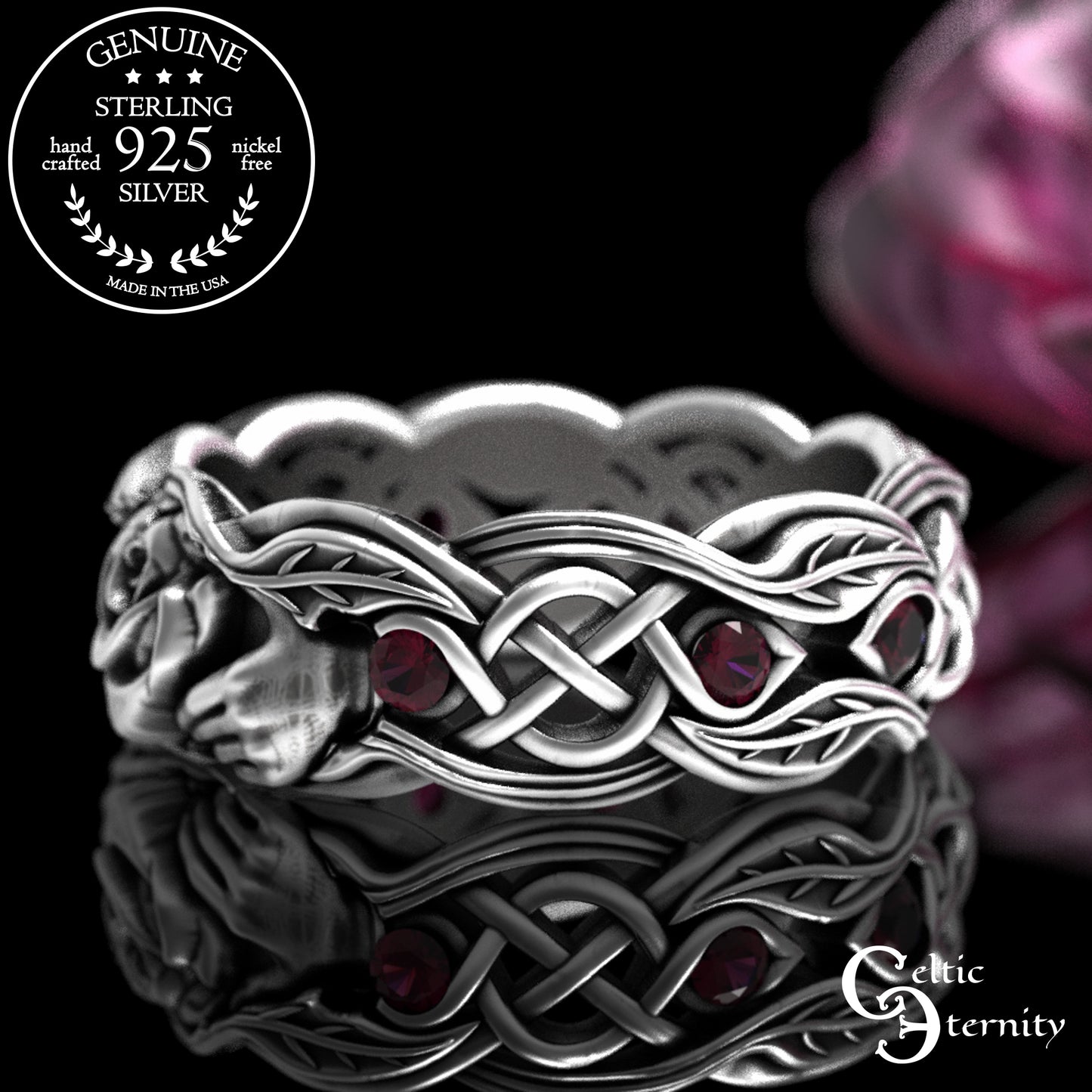Sterling Ruby & Rose Vine Claddagh Wedding Band for Woman, 3265