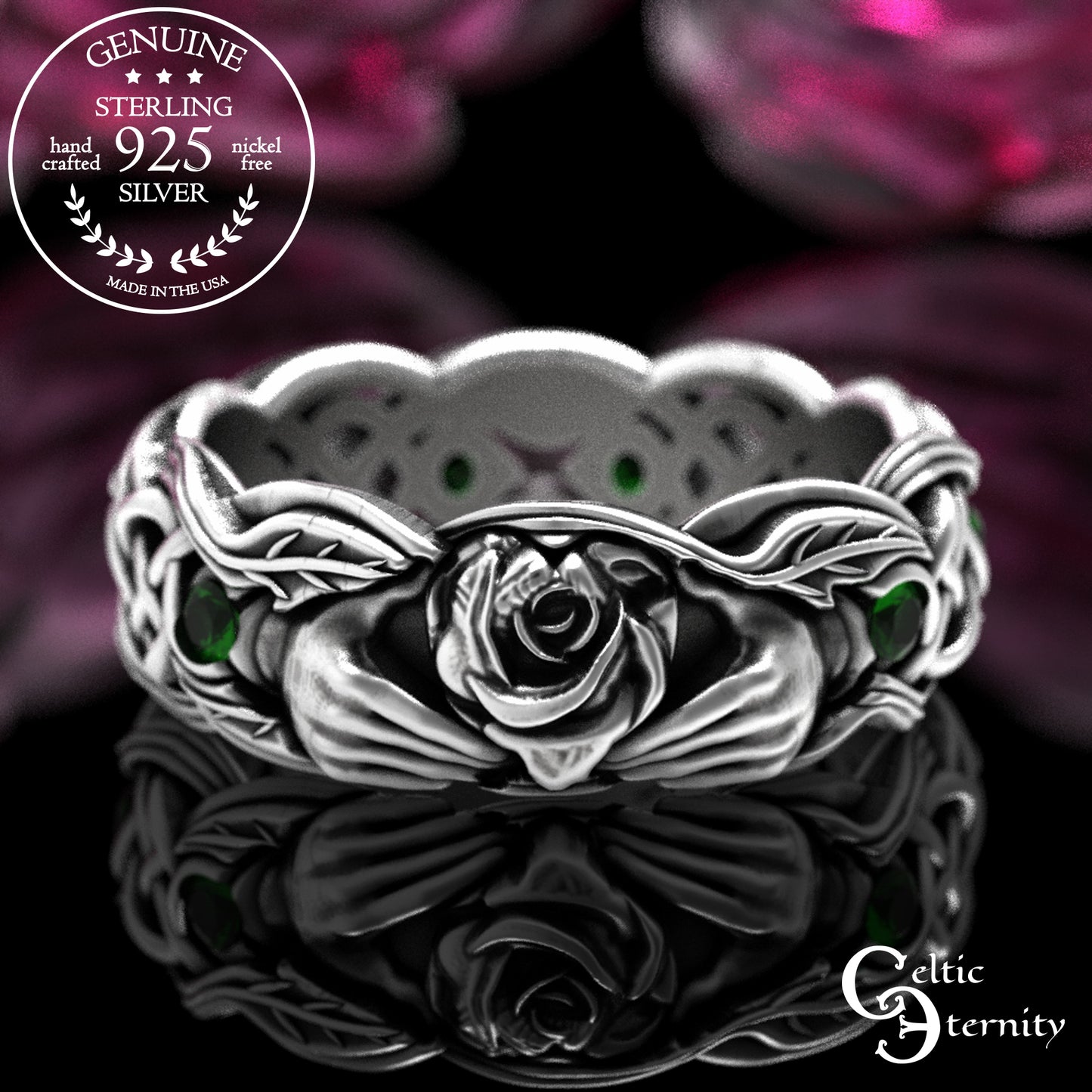 Sterling Ruby & Rose Vine Claddagh Wedding Band for Woman, 3265