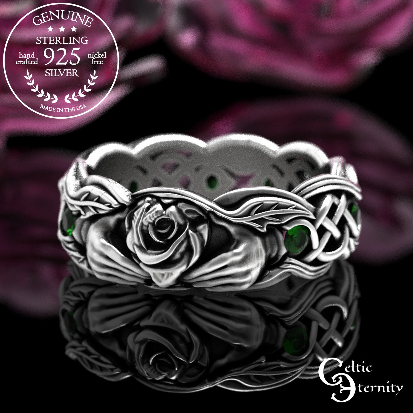 Sterling Ruby & Rose Vine Claddagh Wedding Band for Woman, 3265