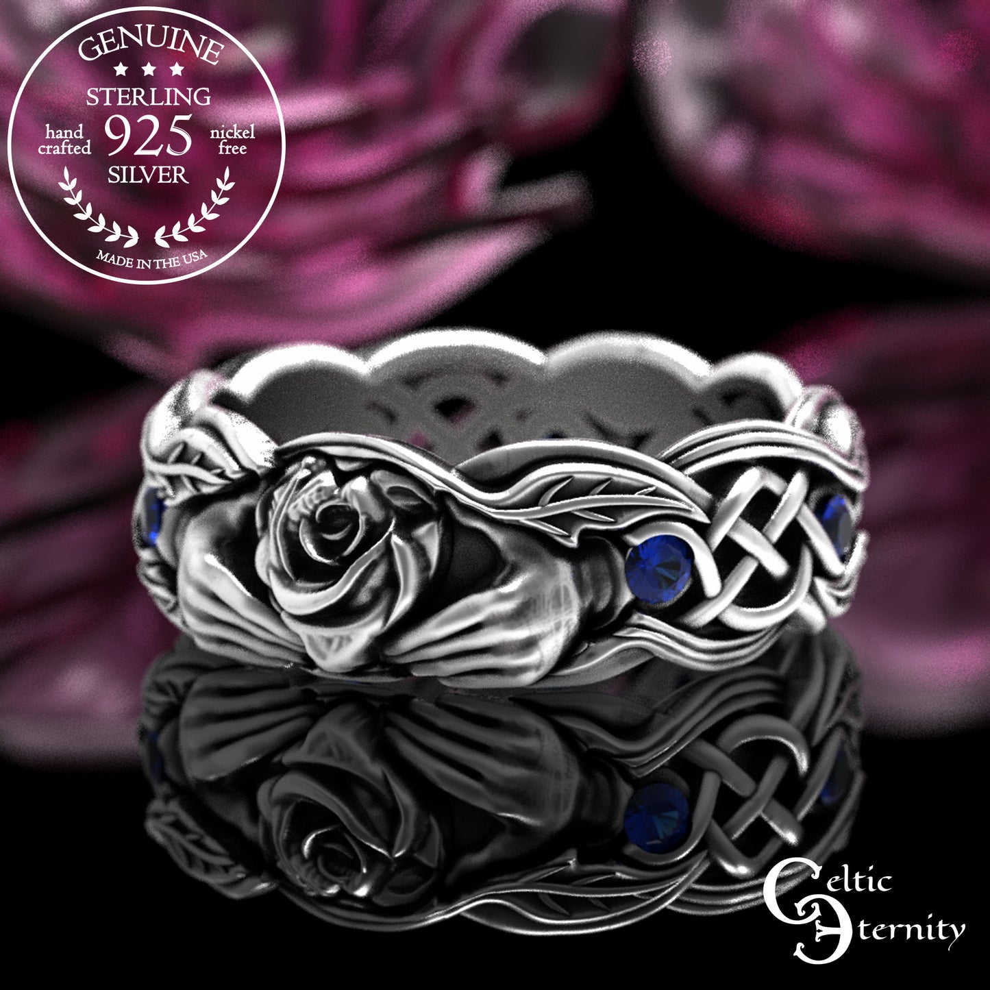 Sterling Ruby & Rose Vine Claddagh Wedding Band for Woman, 3265