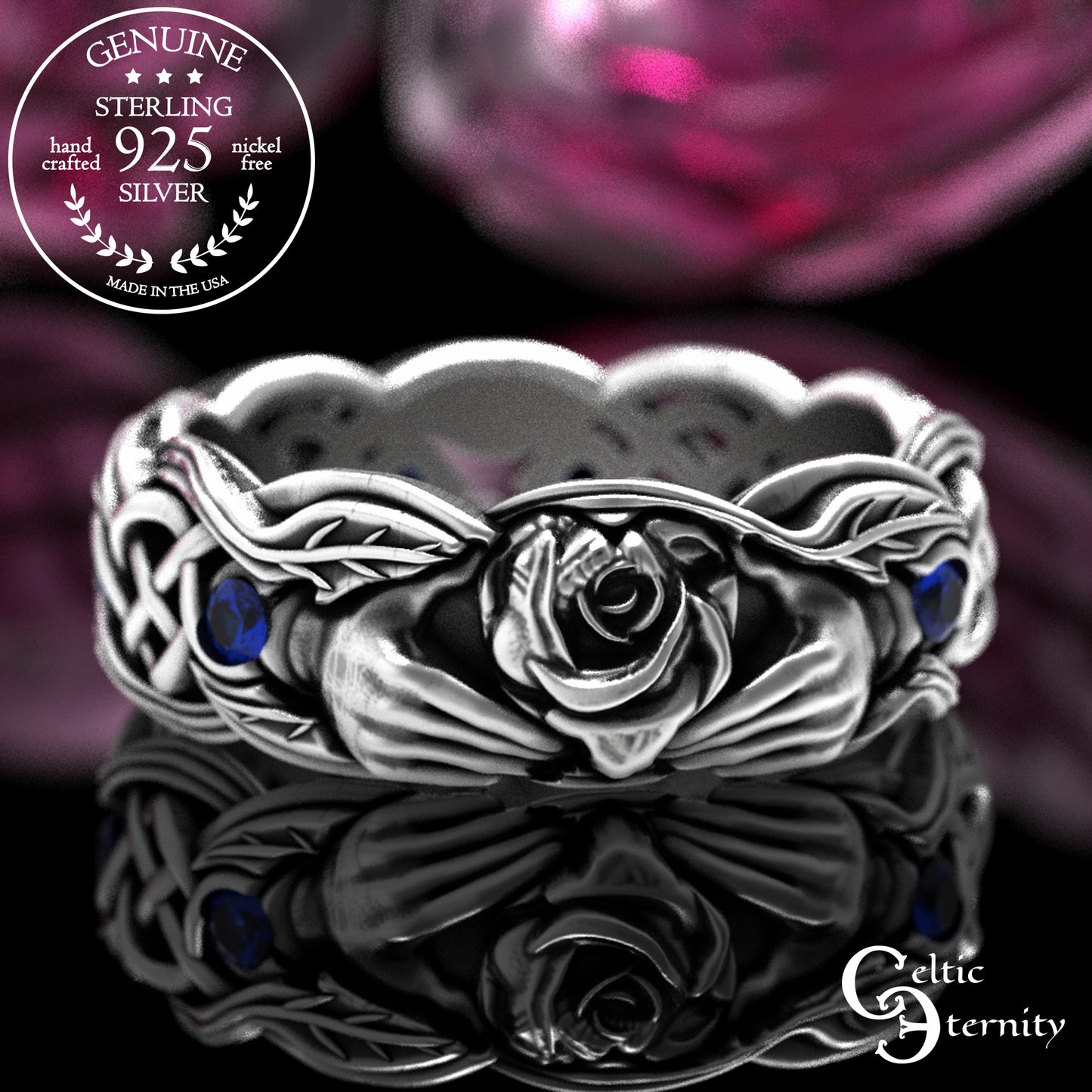 Sterling Ruby & Rose Vine Claddagh Wedding Band for Woman, 3265