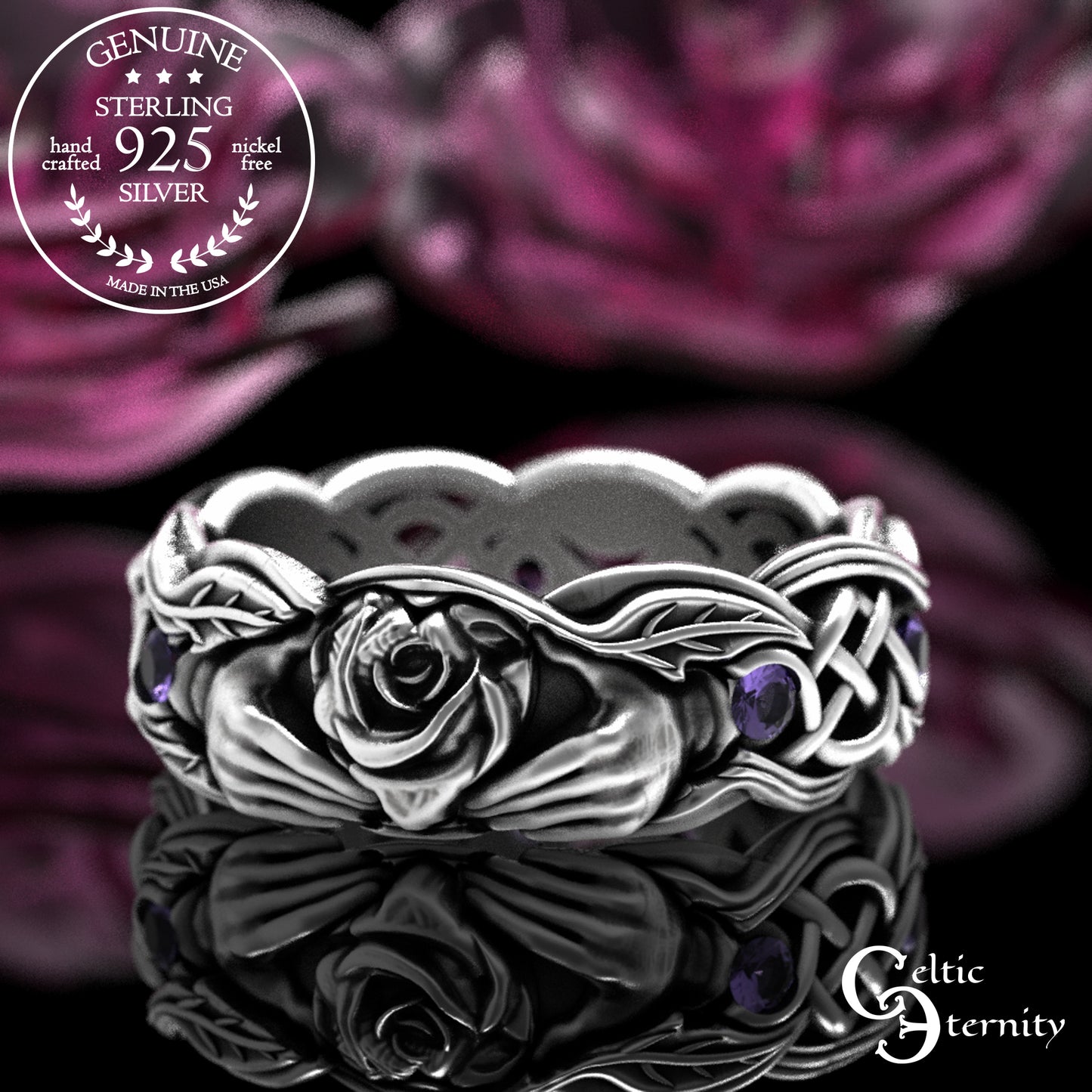 Sterling Ruby & Rose Vine Claddagh Wedding Band for Woman, 3265