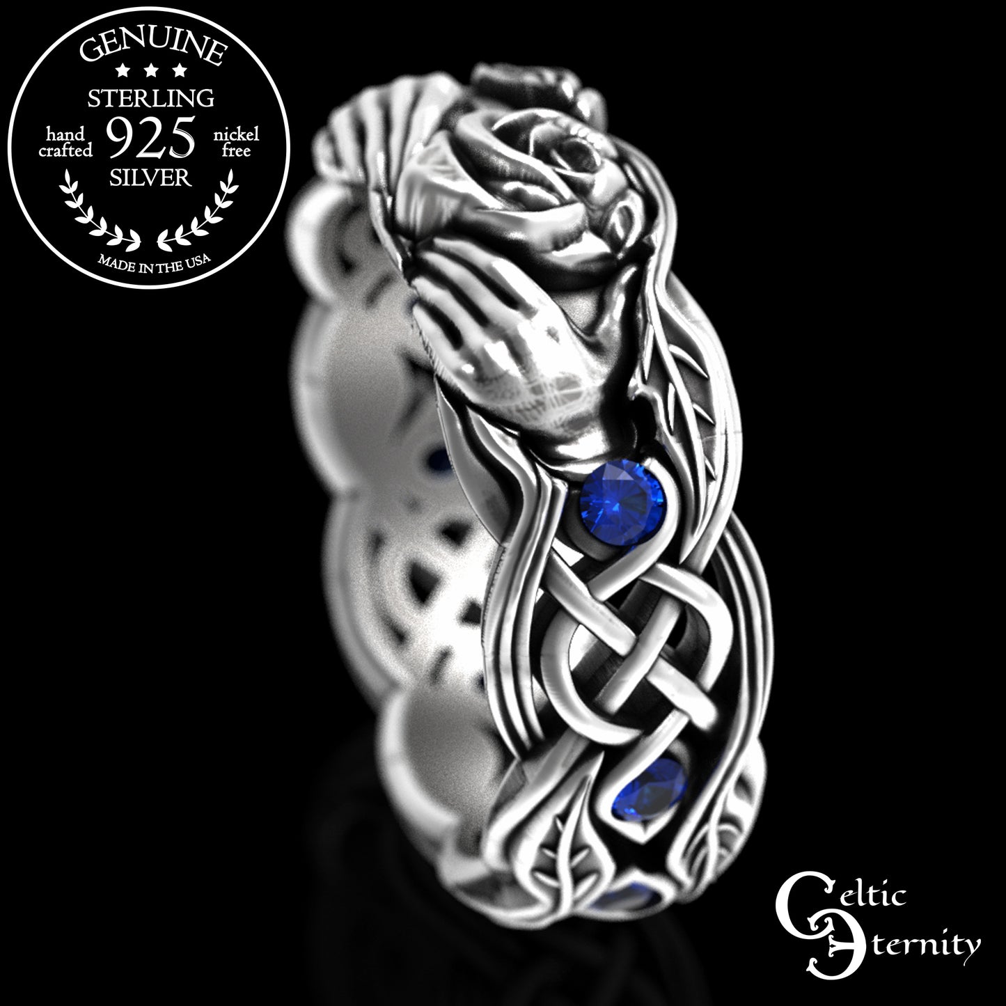 Sterling Ruby & Rose Vine Claddagh Wedding Band for Woman, 3265