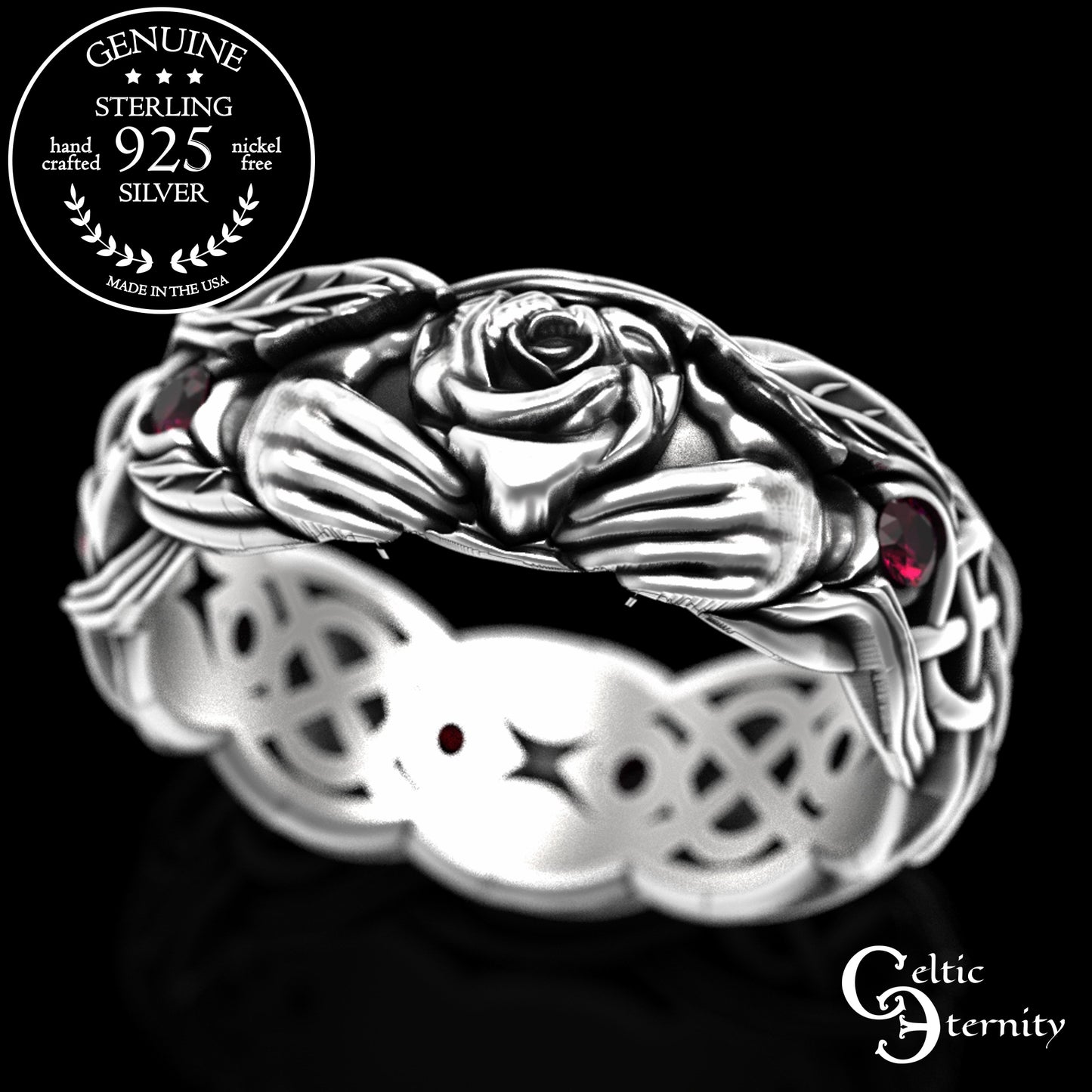 Sterling Ruby & Rose Vine Claddagh Wedding Band for Woman, 3265