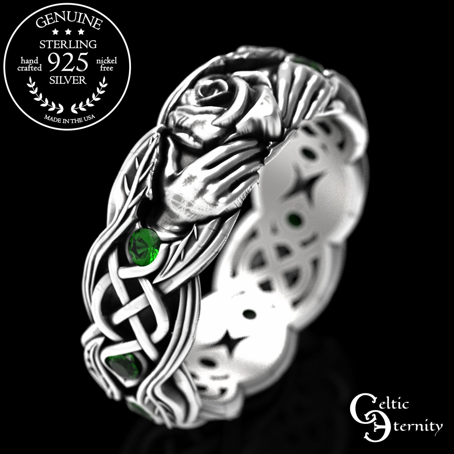 Sterling Ruby & Rose Vine Claddagh Wedding Band for Woman, 3265