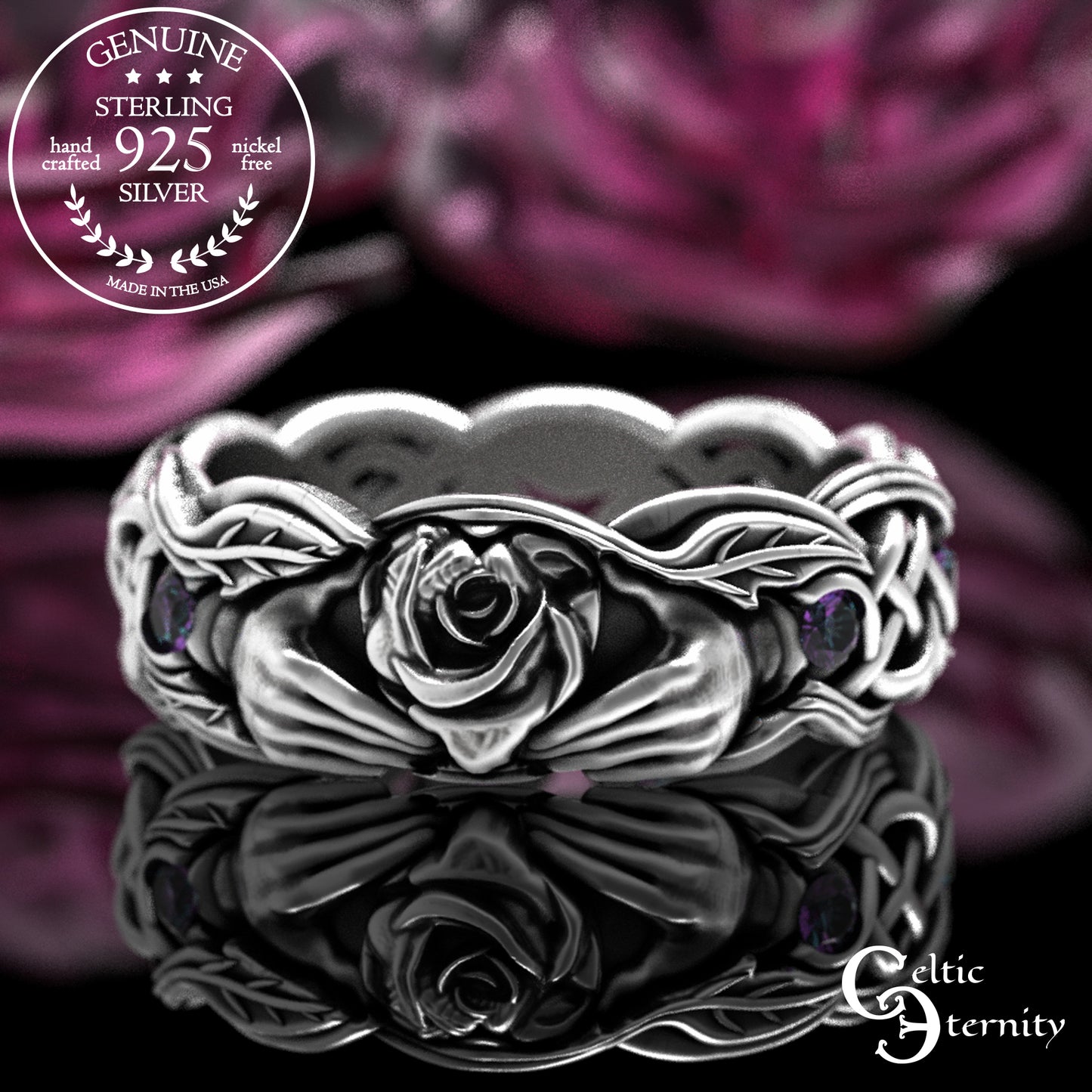 Sterling Ruby & Rose Vine Claddagh Wedding Band for Woman, 3265