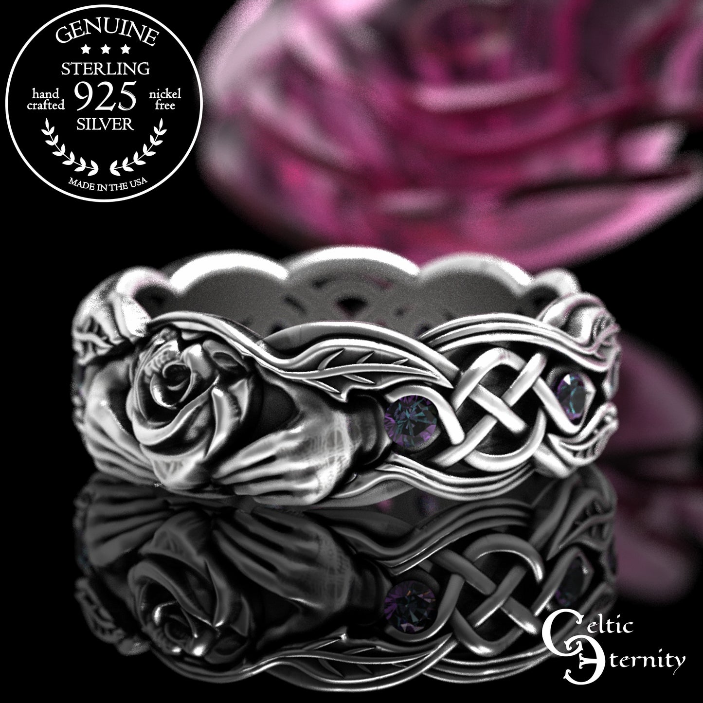 Sterling Ruby & Rose Vine Claddagh Wedding Band for Woman, 3265