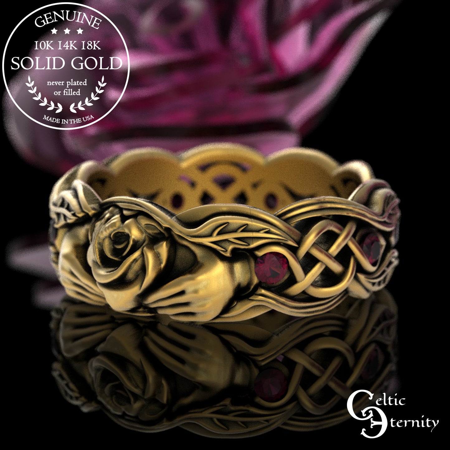 Sterling Ruby & Rose Vine Claddagh Wedding Band for Woman, 3265
