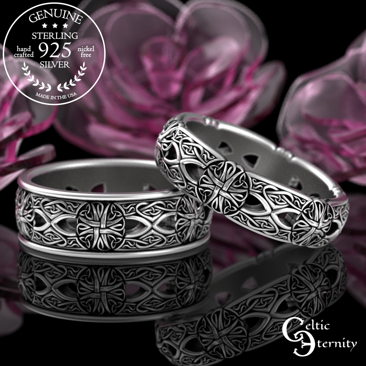 Sterling Bride & Groom Celtic Cross Knotwork Wedding Band Set, 3267 3269