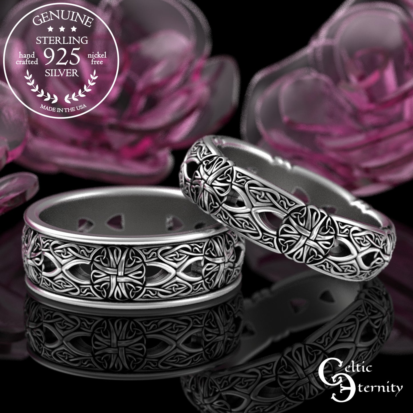 Sterling Bride & Groom Celtic Cross Knotwork Wedding Band Set, 3267 3269