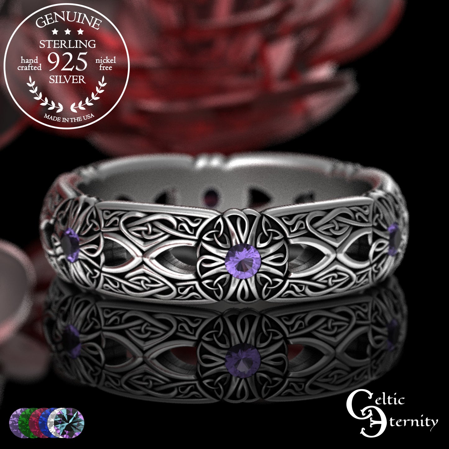 Woman's Sterling Irish Cross & Heart Wedding Band with Sapphires, 3268