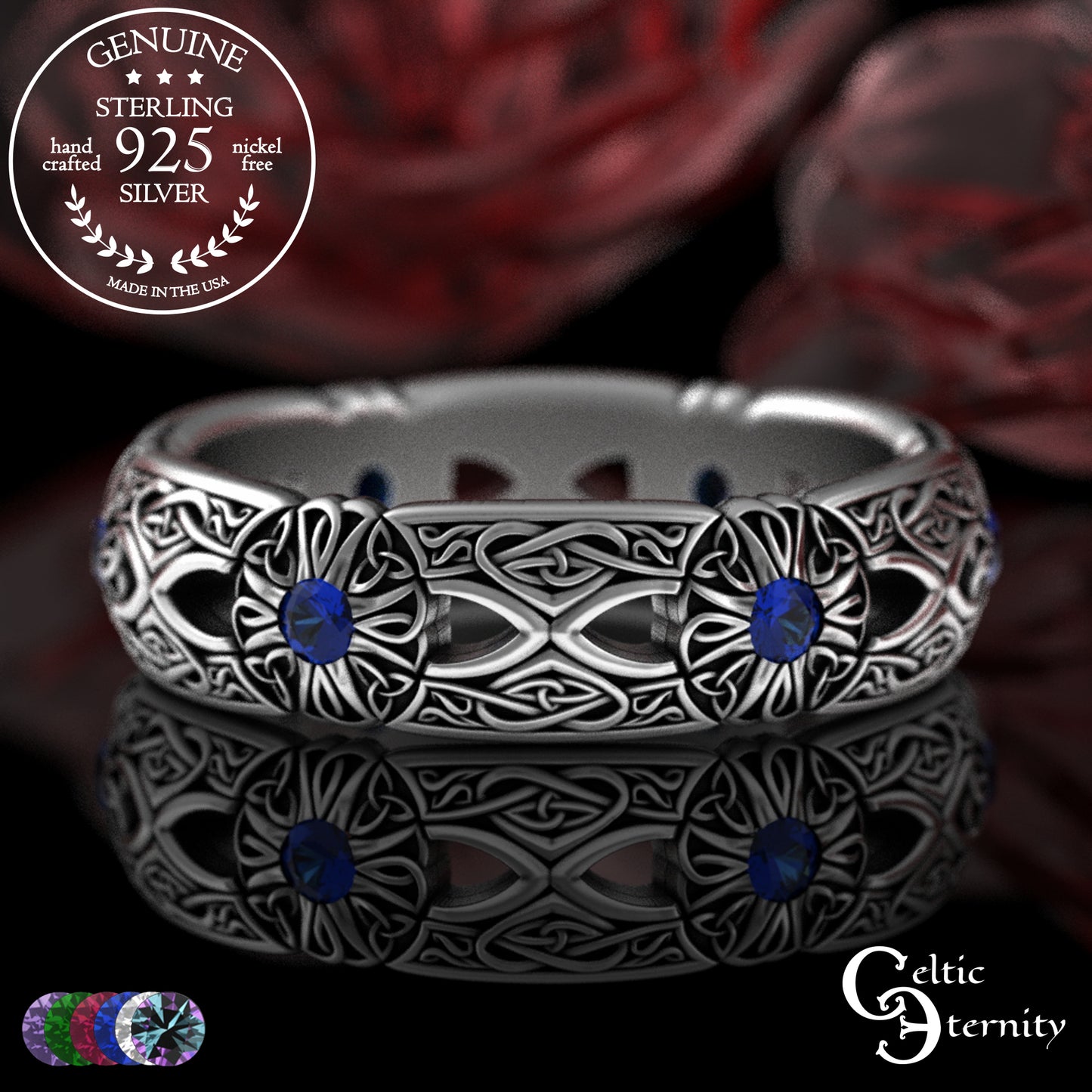 Woman's Sterling Irish Cross & Heart Wedding Band with Sapphires, 3268