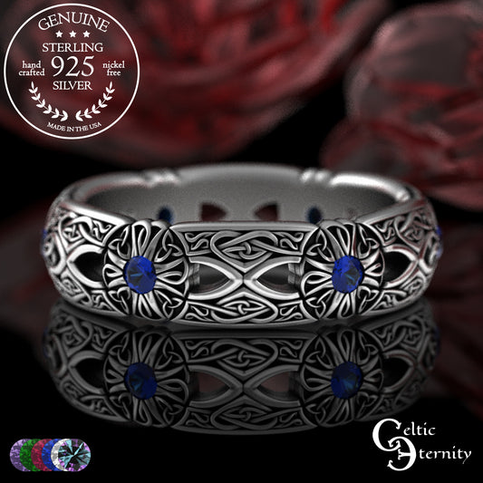 Woman's Sterling Irish Cross & Heart Wedding Band with Sapphires, 3268