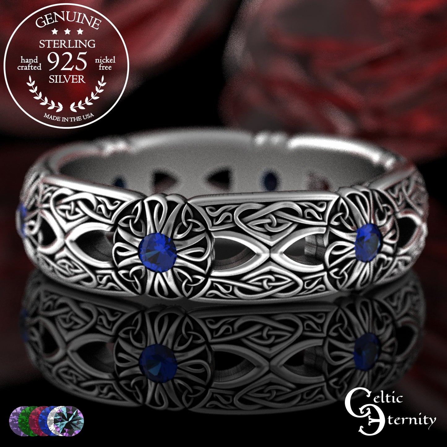 Woman's Sterling Irish Cross & Heart Wedding Band with Sapphires, 3268