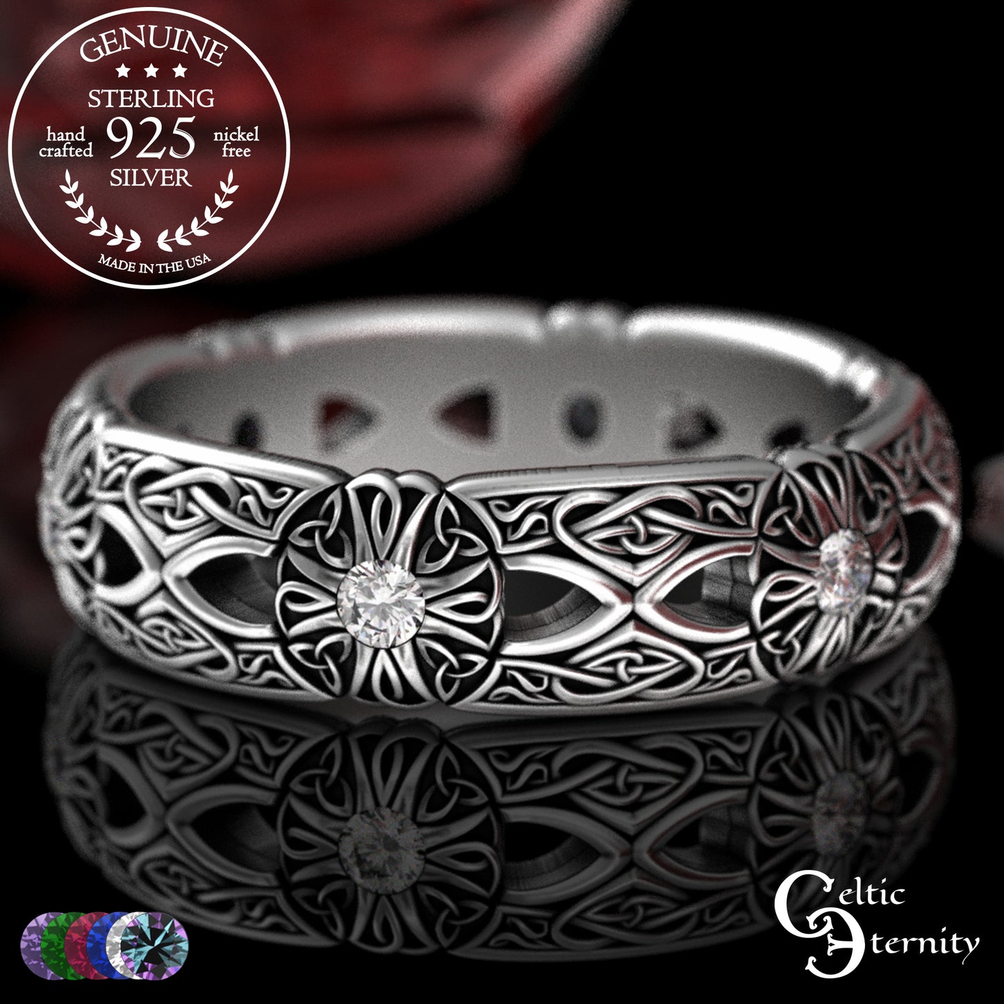 Woman's Sterling Irish Cross & Heart Wedding Band with Sapphires, 3268