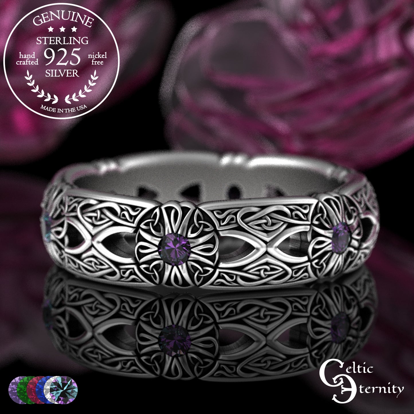 Woman's Sterling Irish Cross & Heart Wedding Band with Sapphires, 3268