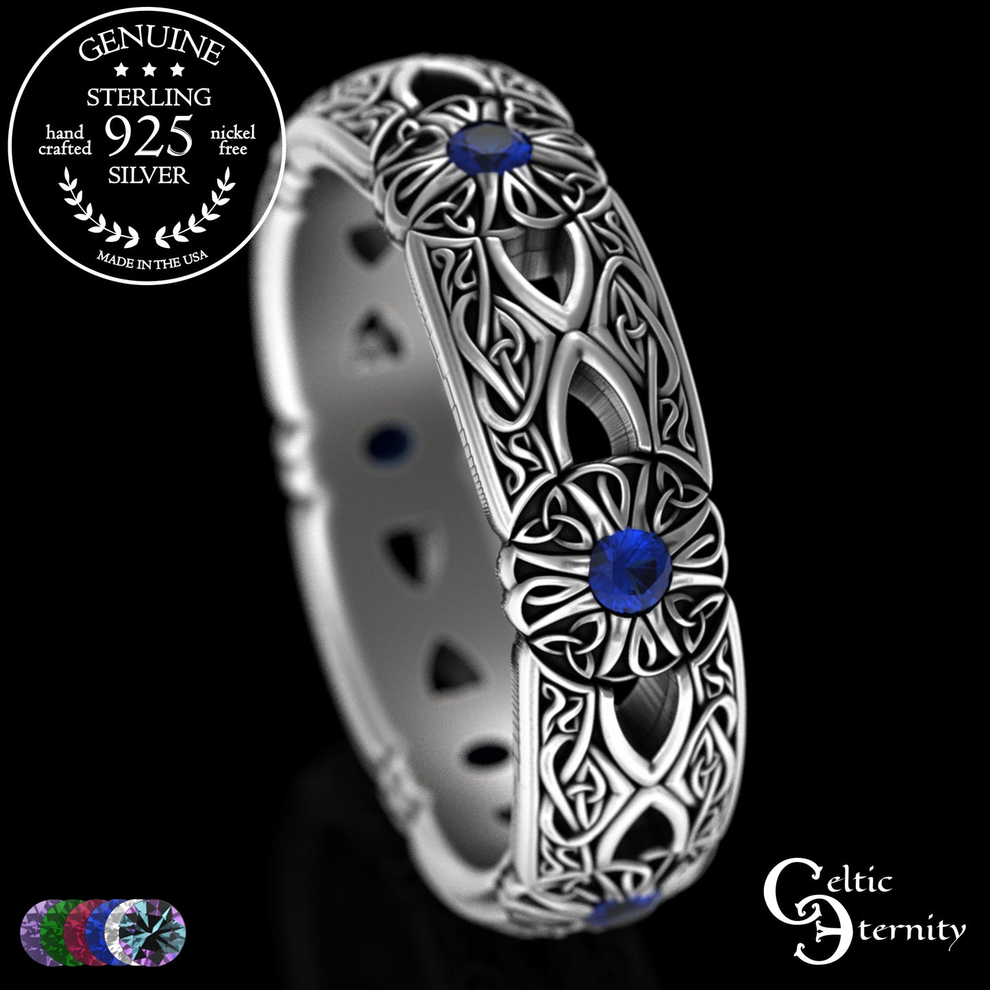 Woman's Sterling Irish Cross & Heart Wedding Band with Sapphires, 3268