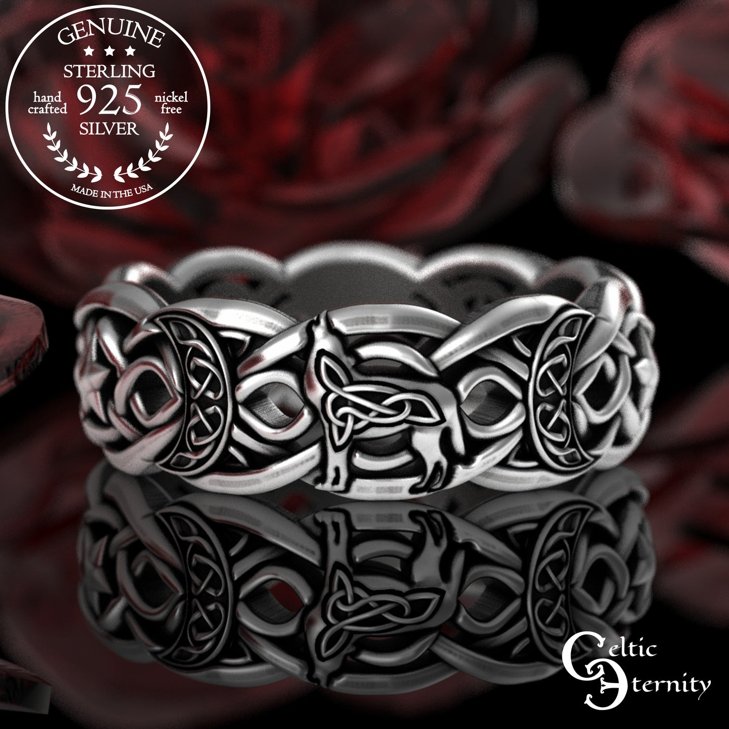 Sterling Celtic Wolf with Crescent Moons & Stars Wedding Band, 3276