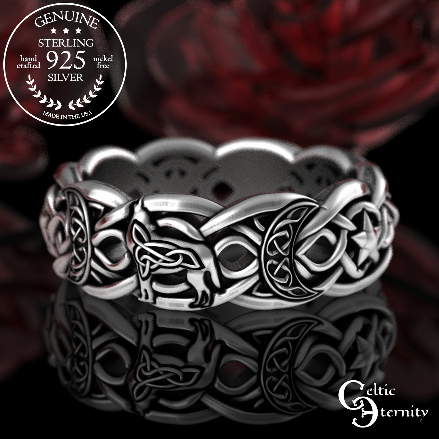 Sterling Celtic Wolf with Crescent Moons & Stars Wedding Band, 3276